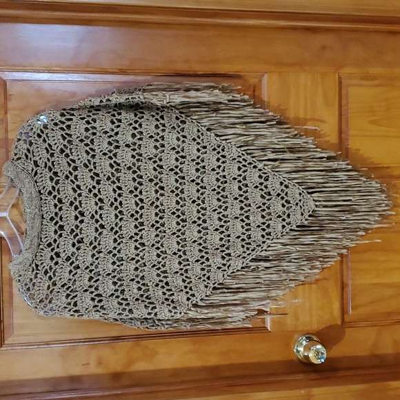 Crochet Knit Fringed Poncho  Shawl Cejon Accessories, Inc Beige - Picture 1 of 6